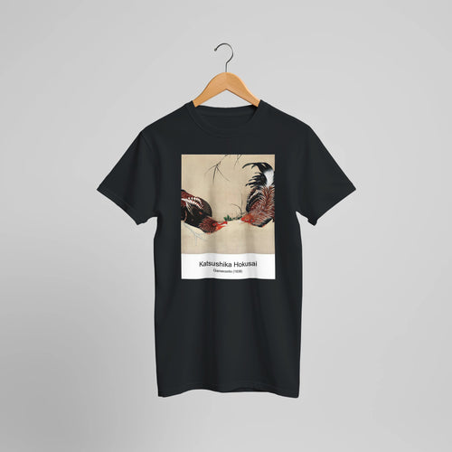 Gamecocks (1838) by Katsushika Hokusai. Custom Print on a 100% Airlume Combed and Ring-Spun Cotton Unisex Crewneck T-shirt Optimised Aspect Ratio.