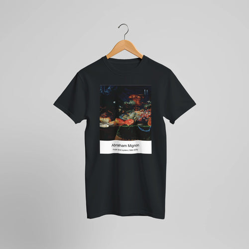 Fruits and oysters (1660-1679) by Abraham Mignon. Custom Print on a 100% Airlume Combed and Ring-Spun Cotton Unisex Crewneck T-shirt Optimised Aspect Ratio.