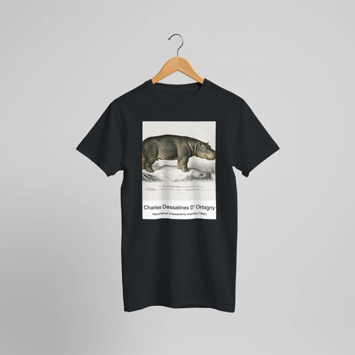 Hippopotamus (Hippopotame Amphibie) (1892) by Charles Dessalines D' Orbigny. Custom Print on a 100% Airlume Combed and Ring-Spun Cotton Unisex Crewneck T-shirt Optimised Aspect Ratio.