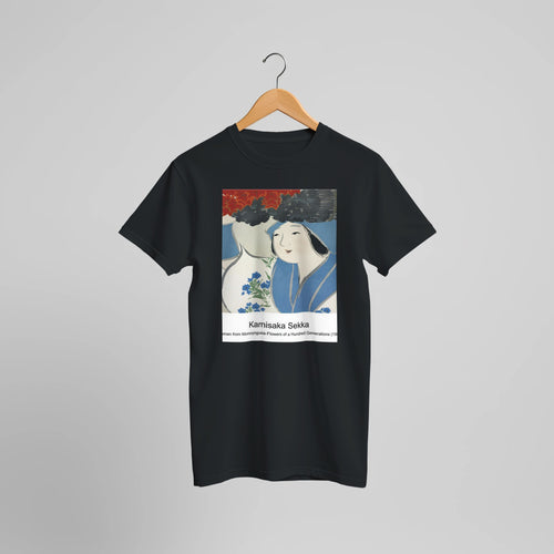 Woman from Momoyogusa-Flowers of a Hundred Generations (1909) by Kamisaka Sekka. Custom Print on a 100% Airlume Combed and Ring-Spun Cotton Unisex Crewneck T-shirt Optimised Aspect Ratio.