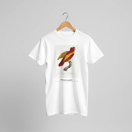 Red-and-Gold Lory, Lorius rex from Natural History of Parrots (1801-1805) by Francois Levaillant. Custom Print on a 100% Airlume Combed and Ring-Spun Cotton Unisex Crewneck T-shirt Original Aspect Ratio