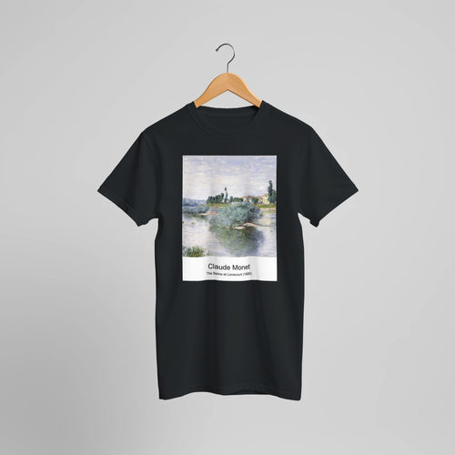 The Seine at Lavacourt (1880) by Claude Monet. Custom Print on a 100% Airlume Combed and Ring-Spun Cotton Unisex Crewneck T-shirt Optimised Aspect Ratio.