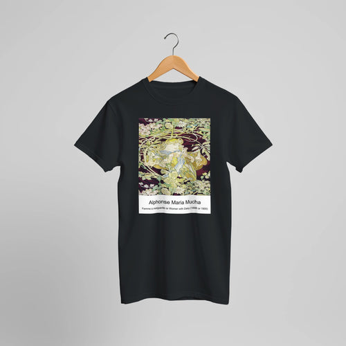 Femme à marguerite or Woman with Daisy (1898 or 1900) by Alphonse Maria Mucha. Custom Print on a 100% Airlume Combed and Ring-Spun Cotton Unisex Crewneck T-shirt Optimised Aspect Ratio.