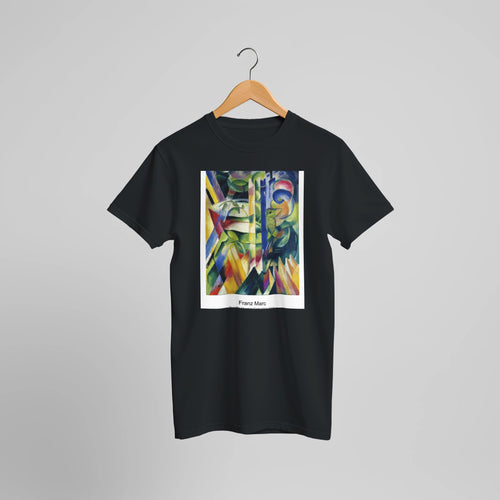 The Little Mountain Goats (1913-1914) by Franz Marc. Custom Print on a 100% Airlume Combed and Ring-Spun Cotton Unisex Crewneck T-shirt Optimised Aspect Ratio.