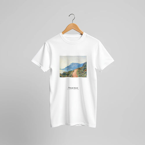 The Corniche near Monaco (1884) by Claude Monet. Custom Print on a 100% Airlume Combed and Ring-Spun Cotton Unisex Crewneck T-shirt Original Aspect Ratio