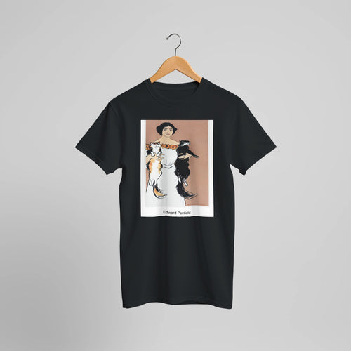 Woman holding cats (1898) by Edward Penfield. Custom Print on a 100% Airlume Combed and Ring-Spun Cotton Unisex Crewneck T-shirt Optimised Aspect Ratio.