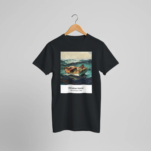 Boys Wading (1873) by Winslow Homer. Custom Print on a 100% Airlume Combed and Ring-Spun Cotton Unisex Crewneck T-shirt Optimised Aspect Ratio.