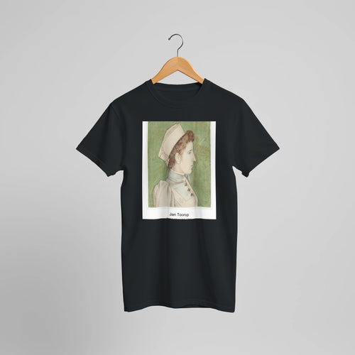 Portrait of Nurse Nelly (1894) by Jan Toorop. Custom Print on a 100% Airlume Combed and Ring-Spun Cotton Unisex Crewneck T-shirt Optimised Aspect Ratio.