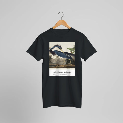 Louisiana Heron from Birds of America (1827) by John James Audubon. Custom Print on a 100% Airlume Combed and Ring-Spun Cotton Unisex Crewneck T-shirt Optimised Aspect Ratio.