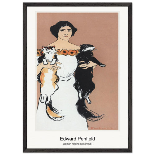 Woman holding cats (1898) by Edward Penfield. Archival Print on Museum Quality Matte Paper. Premium Wood Framed Wall Art. Optimised Aspect Ratio.