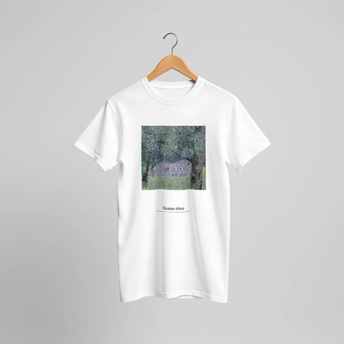 Farmhouse in Upper Austria (1911-1912) by Gustav Klimt. Custom Print on a 100% Airlume Combed and Ring-Spun Cotton Unisex Crewneck T-shirt Original Aspect Ratio