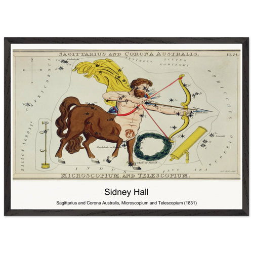 Sagittarius and Corona Australis, Microscopium and Telescopium (1831) by Sidney Hall. Archival Print on Museum Quality Matte Paper. Premium Wood Framed Wall Art. Optimised Aspect Ratio.