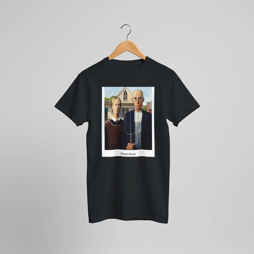 American Gothic (1930) by Grant Wood. Custom Print on a 100% Airlume Combed and Ring-Spun Cotton Unisex Crewneck T-shirt Optimised Aspect Ratio.