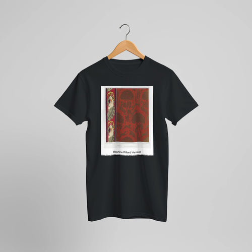 Cacatoès, bordure. Chiens, chevrettes et marcassins, cuir gaufré et doré from L'animal dans la décoration (1897) by Maurice Pillard Verneuil. Custom Print on a 100% Airlume Combed and Ring-Spun Cotton Unisex Crewneck T-shirt Optimised Aspect Ratio.