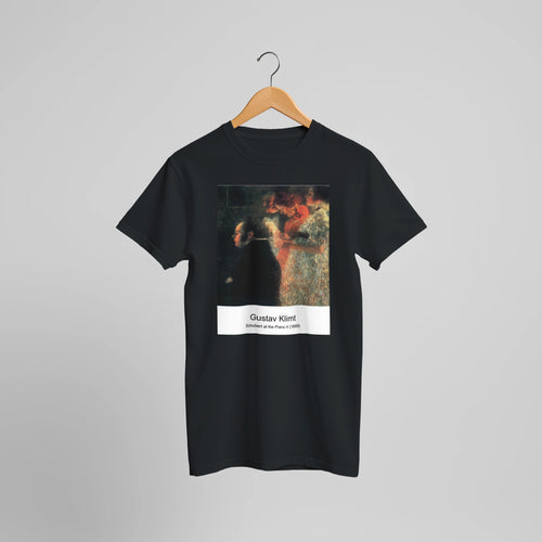 Schubert at the Piano II (1899) by Gustav Klimt. Custom Print on a 100% Airlume Combed and Ring-Spun Cotton Unisex Crewneck T-shirt Optimised Aspect Ratio.