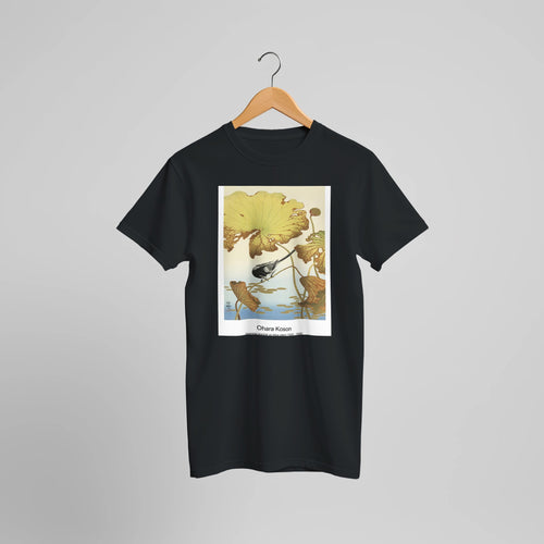 Great tit on branch with pink flowers (1900 - 1930) by Ohara Koson. Custom Print on a 100% Airlume Combed and Ring-Spun Cotton Unisex Crewneck T-shirt Optimised Aspect Ratio.
