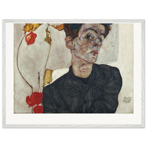 Self-Portrait with Physalis (1912) by Egon Schiele. Archival Print on Museum Quality Matte Paper. Premium Wood Framed Wall Art. Original Aspect Ratio
