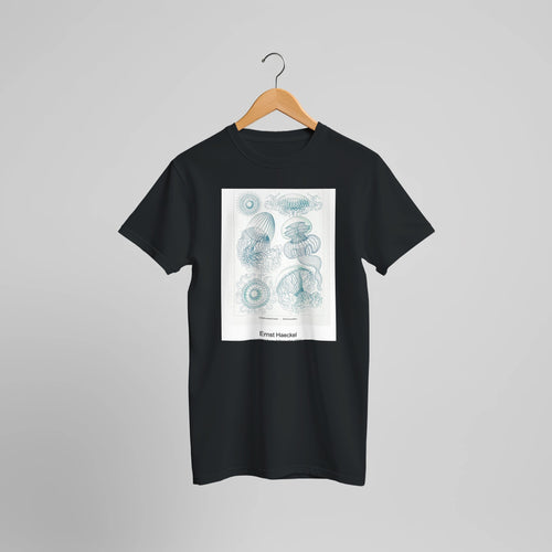 Leptomedusae-Faltenquallen (1904) by Ernst Haeckel. Custom Print on a 100% Airlume Combed and Ring-Spun Cotton Unisex Crewneck T-shirt Optimised Aspect Ratio.