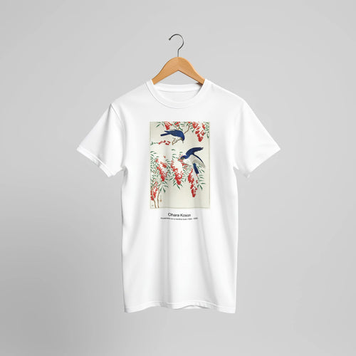 Two Mallards near a Snow-Covered Lotus (1925 - 1936) by Ohara Koson. Custom Print on a 100% Airlume Combed and Ring-Spun Cotton Unisex Crewneck T-shirt Original Aspect Ratio