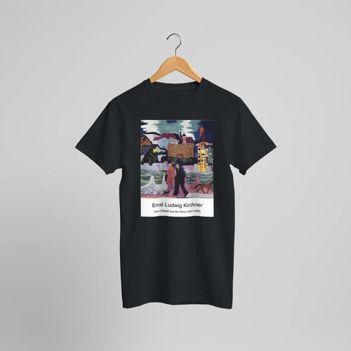 View of Basel and the Rhine (1927-1928) by Ernst Ludwig Kirchner. Custom Print on a 100% Airlume Combed and Ring-Spun Cotton Unisex Crewneck T-shirt Optimised Aspect Ratio.