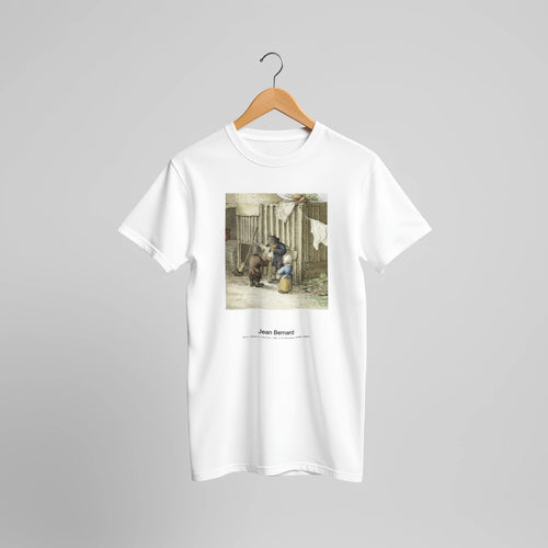 Three children playing with a pig bladder (1775-1883) by Jean Bernard. Custom Print on a 100% Airlume Combed and Ring-Spun Cotton Unisex Crewneck T-shirt Original Aspect Ratio