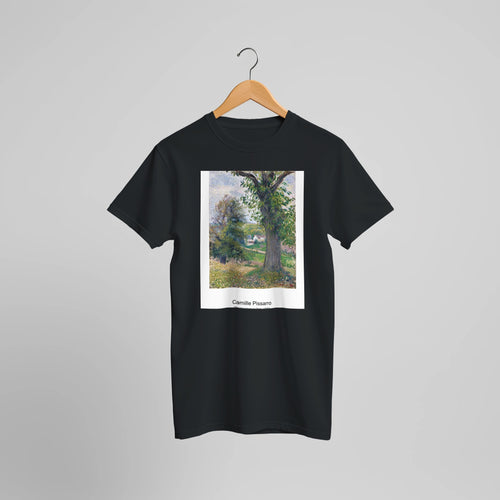 Chestnut trees in Osny (1883) by Camille Pissarro. Custom Print on a 100% Airlume Combed and Ring-Spun Cotton Unisex Crewneck T-shirt Optimised Aspect Ratio.