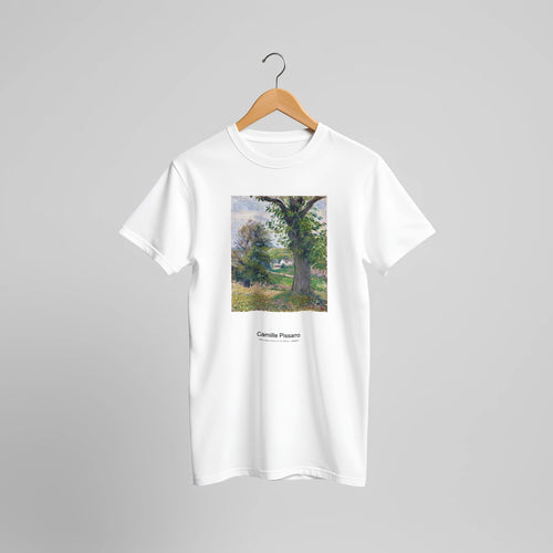 Chestnut trees in Osny (1883) by Camille Pissarro. Custom Print on a 100% Airlume Combed and Ring-Spun Cotton Unisex Crewneck T-shirt Original Aspect Ratio