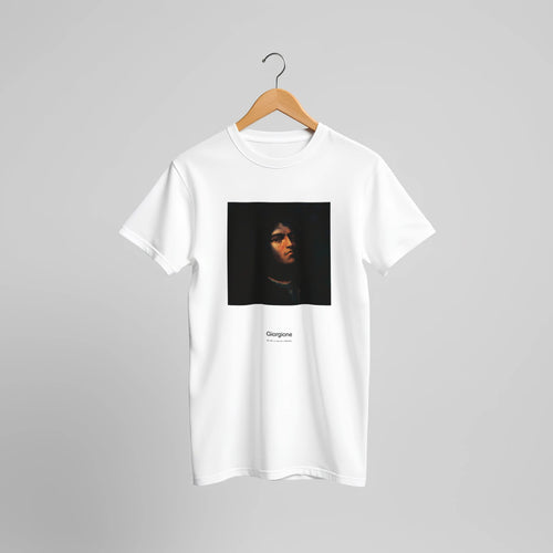 Self-portrait (1510) by Giorgione. Custom Print on a 100% Airlume Combed and Ring-Spun Cotton Unisex Crewneck T-shirt Original Aspect Ratio