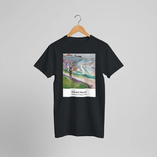 Landscape of Kragerø (1912) by Edvard Munch. Custom Print on a 100% Airlume Combed and Ring-Spun Cotton Unisex Crewneck T-shirt Optimised Aspect Ratio.