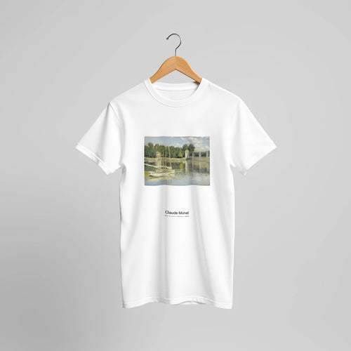 The Argenteuil Bridge (1874) by Claude Monet. Custom Print on a 100% Airlume Combed and Ring-Spun Cotton Unisex Crewneck T-shirt Original Aspect Ratio