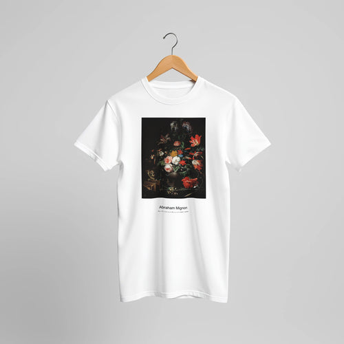 The Overturned Bouquet (1660-1679) by Abraham Mignon. Custom Print on a 100% Airlume Combed and Ring-Spun Cotton Unisex Crewneck T-shirt Original Aspect Ratio