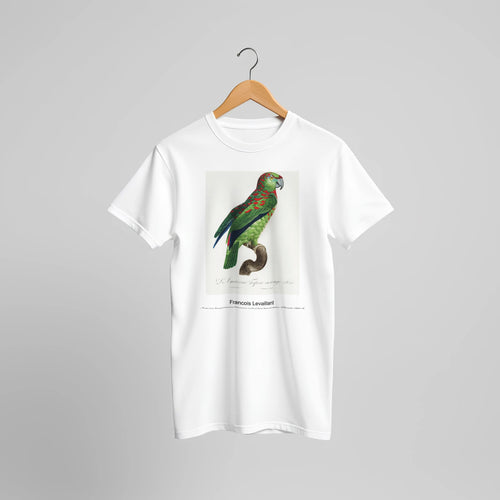 The Turquoise-Fronted Amazon (Amazona aestiva) from Natural History of Parrots (1801-1805) by François Levaillant. Custom Print on a 100% Airlume Combed and Ring-Spun Cotton Unisex Crewneck T-shirt Original Aspect Ratio