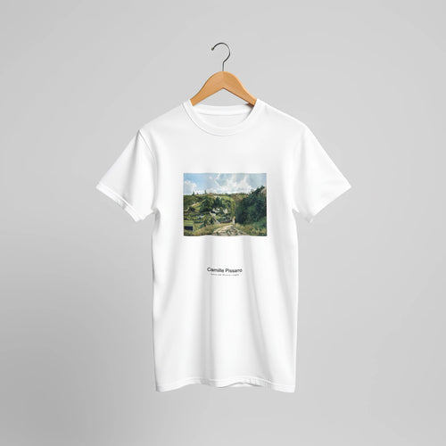 Jalais Hill, Pontoise (1867) by Camille Pissarro. Custom Print on a 100% Airlume Combed and Ring-Spun Cotton Unisex Crewneck T-shirt Original Aspect Ratio