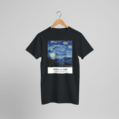 The Starry Night (1889) by Vincent van Gogh. Custom Print on a 100% Airlume Combed and Ring-Spun Cotton Unisex Crewneck T-shirt Optimised Aspect Ratio.