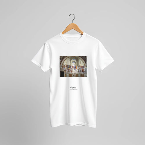 School of Athens (1511) by Raphael. Custom Print on a 100% Airlume Combed and Ring-Spun Cotton Unisex Crewneck T-shirt Original Aspect Ratio