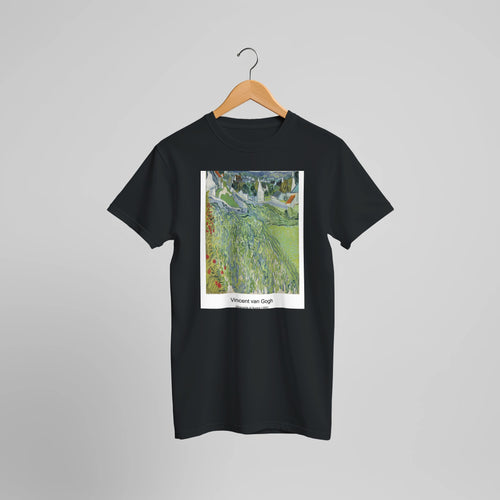 The Red Vineyard (1888) by Vincent van Gogh. Custom Print on a 100% Airlume Combed and Ring-Spun Cotton Unisex Crewneck T-shirt Optimised Aspect Ratio.