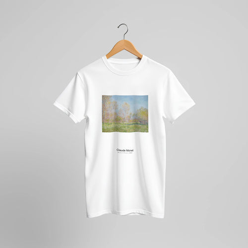Spring in Giverny (1890) by Claude Monet. Custom Print on a 100% Airlume Combed and Ring-Spun Cotton Unisex Crewneck T-shirt Original Aspect Ratio
