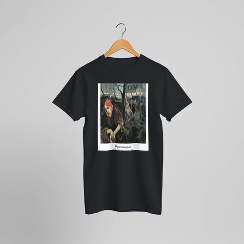 Tahitian Landscape (1891) by Paul Gauguin. Custom Print on a 100% Airlume Combed and Ring-Spun Cotton Unisex Crewneck T-shirt Optimised Aspect Ratio.