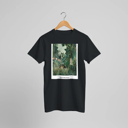 The Equatorial Jungle (1909) by Henri Rousseau. Custom Print on a 100% Airlume Combed and Ring-Spun Cotton Unisex Crewneck T-shirt Optimised Aspect Ratio.