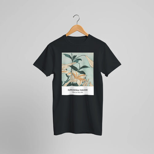 Lilies (ca. 1833-1834) by Katsushika Hokusai. Custom Print on a 100% Airlume Combed and Ring-Spun Cotton Unisex Crewneck T-shirt Optimised Aspect Ratio.