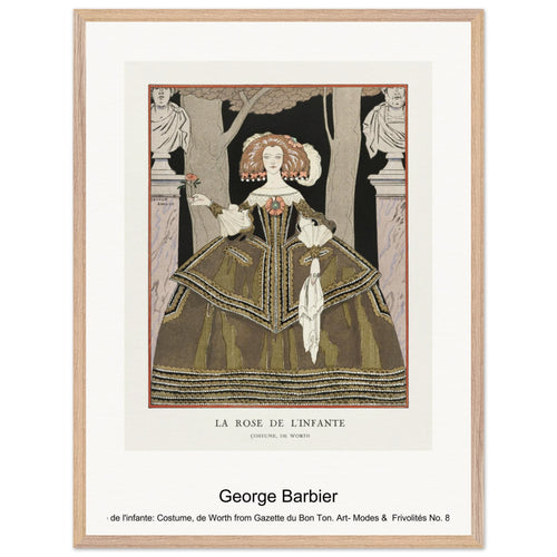 La rose de l'infante: Costume, de Worth from Gazette du Bon Ton. Art- Modes & Frivolités No. 8 (1924) by George Barbier. Archival Print on Museum Quality Matte Paper. Premium Wood Framed Wall Art. Original Aspect Ratio