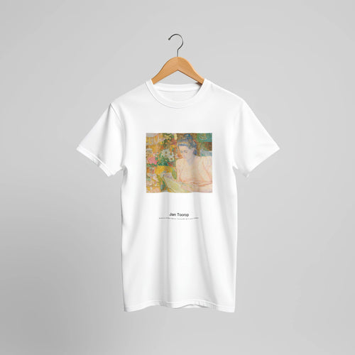 Portrait of Mrs Marie Jeannette de Lange (1900) by Jan Toorop. Custom Print on a 100% Airlume Combed and Ring-Spun Cotton Unisex Crewneck T-shirt Original Aspect Ratio