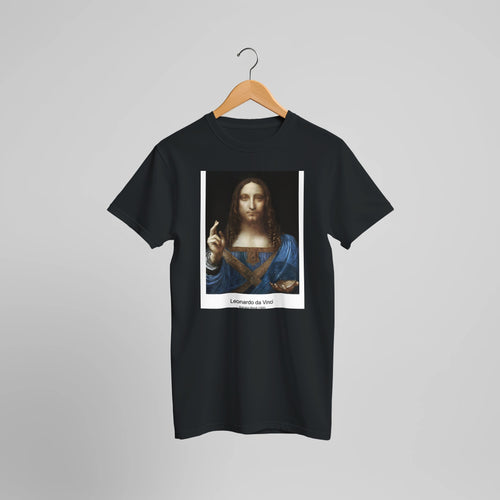Salvator Mundi (1500) by Leonardo da Vinci. Custom Print on a 100% Airlume Combed and Ring-Spun Cotton Unisex Crewneck T-shirt Optimised Aspect Ratio.