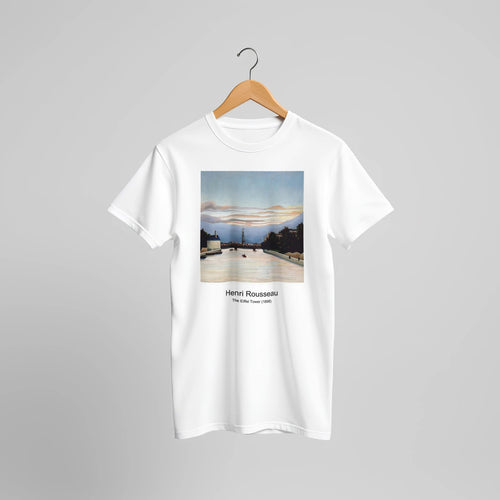The Eiffel Tower (1898) by Henri Rousseau. Custom Print on a 100% Airlume Combed and Ring-Spun Cotton Unisex Crewneck T-shirt Original Aspect Ratio