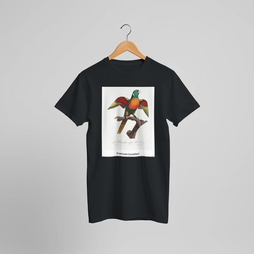 The Blue-Headed Parrot, Pionus menstruus from Natural History of Parrots (1801-1805) by François Levaillant. Custom Print on a 100% Airlume Combed and Ring-Spun Cotton Unisex Crewneck T-shirt Optimised Aspect Ratio.