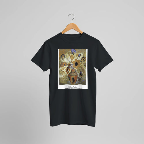 Vase of Flowers (Pink Background) (1906) by Odilon Redon. Custom Print on a 100% Airlume Combed and Ring-Spun Cotton Unisex Crewneck T-shirt Optimised Aspect Ratio.