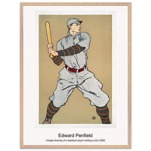 Vintage drawing of a baseball player holding a bat (1908) by Edward Penfield. Archival Print on Museum Quality Matte Paper. Premium Wood Framed Wall Art. Original Aspect Ratio