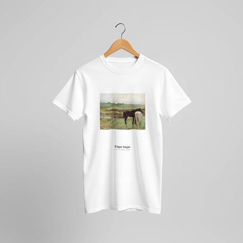 Horse in a Meadow (1871) by Edgar Degas. Custom Print on a 100% Airlume Combed and Ring-Spun Cotton Unisex Crewneck T-shirt Original Aspect Ratio