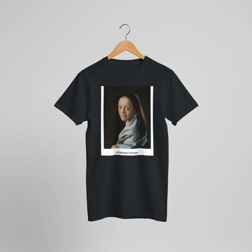 Study of a Young Woman (ca. 1665-1667) by Johannes Vermeer. Custom Print on a 100% Airlume Combed and Ring-Spun Cotton Unisex Crewneck T-shirt Optimised Aspect Ratio.