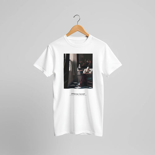 Lady Writing a Letter with her Maid (1670-1671) by Johannes Vermeer. Custom Print on a 100% Airlume Combed and Ring-Spun Cotton Unisex Crewneck T-shirt Original Aspect Ratio